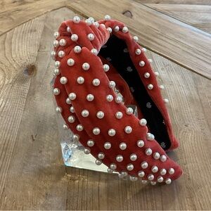 Lele Sadoughi Coral Velvet Pearl Knotted Headband